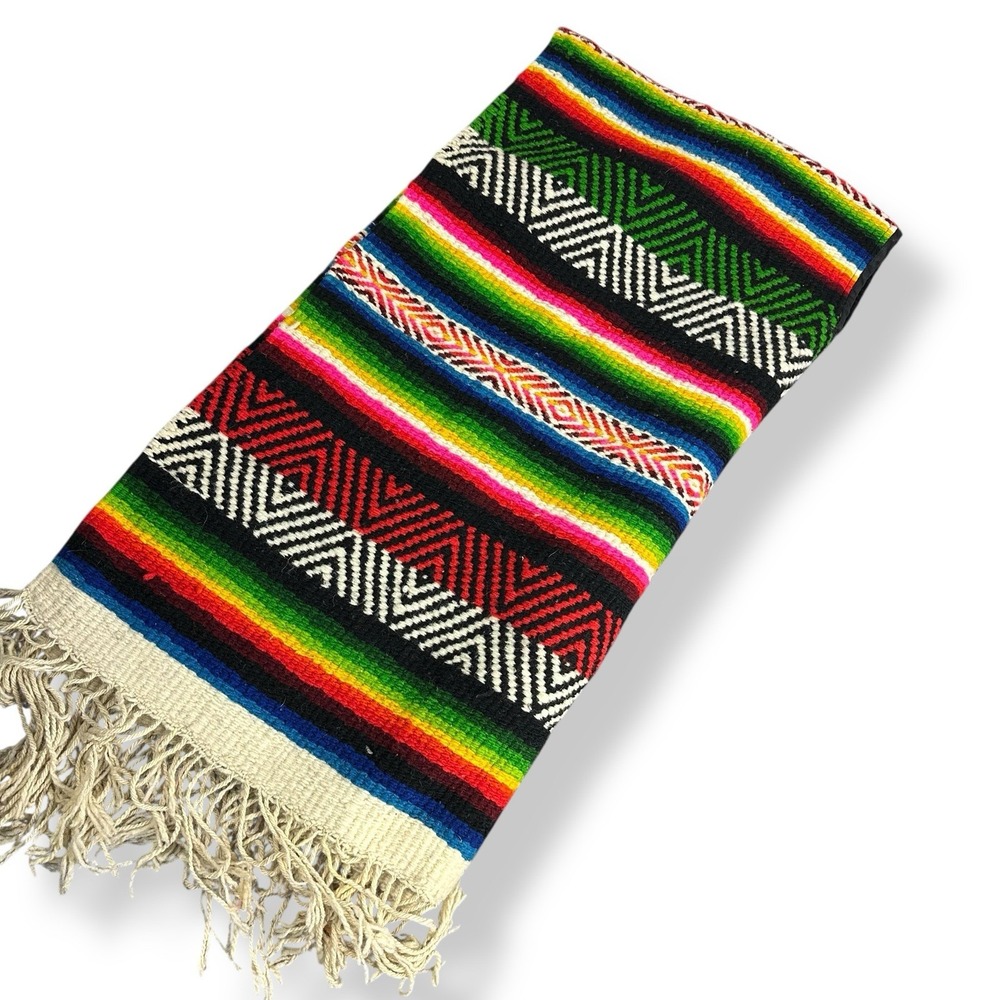 Vintage Mexican Serape Poncho Large Heavy  Textile Woven Wool 70x74‎ w/ Fringe - Picture 9 of 13
